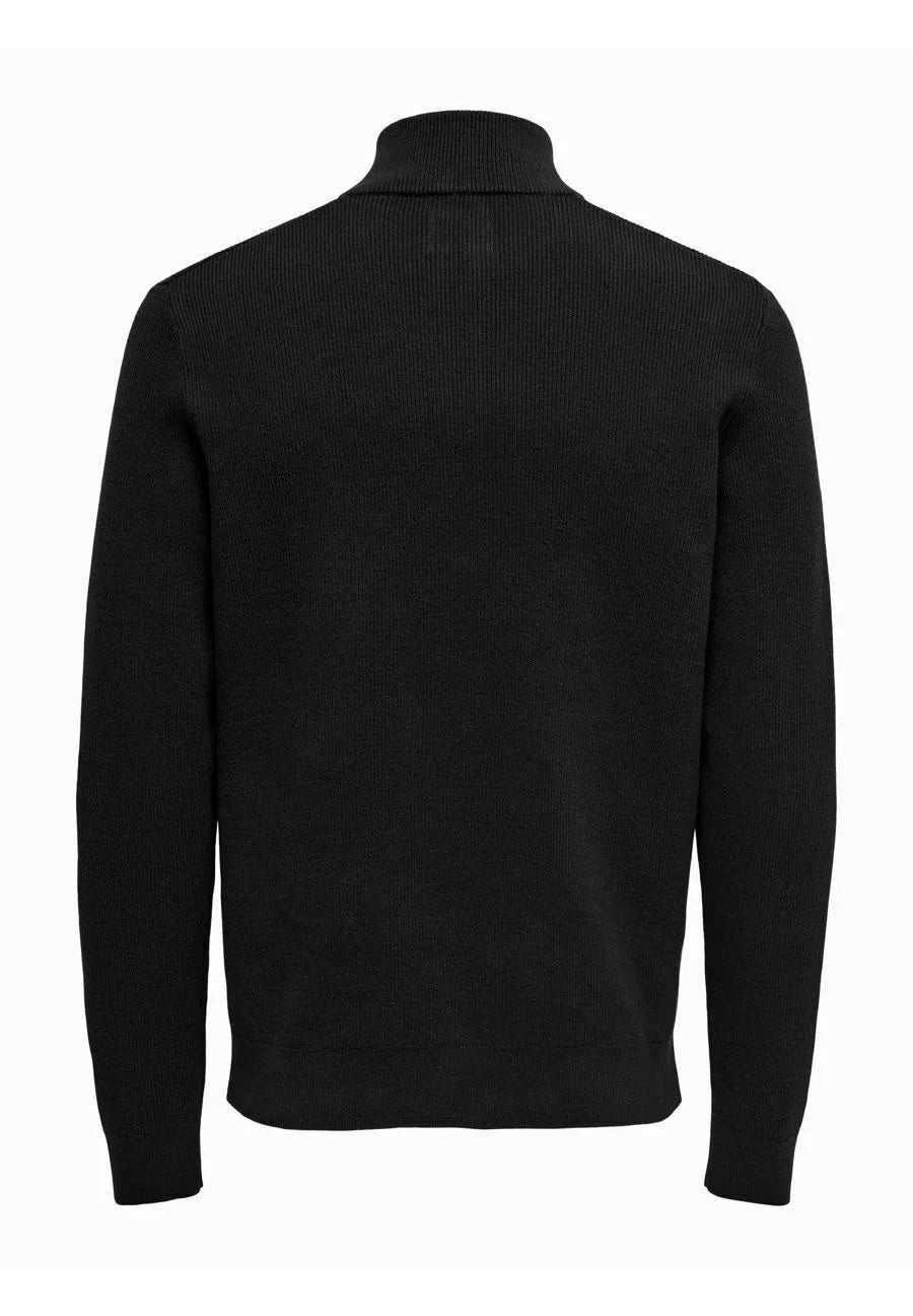 Textured Comfort Jumper with High Neck and Zip - Black