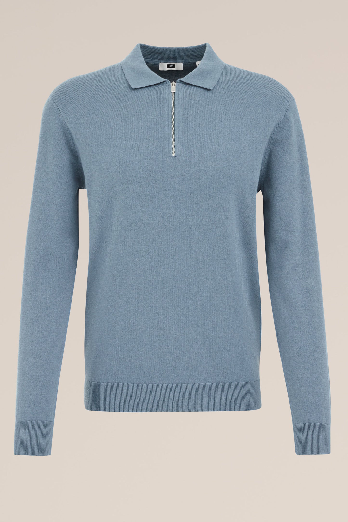 Fine Knit Jumper with Troyer Collar and Zip - Light Blue