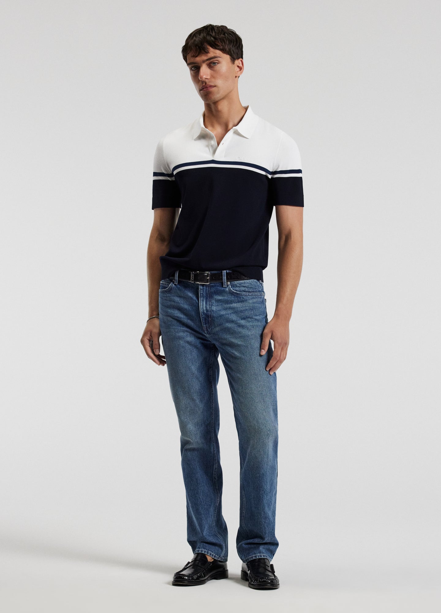 Striped Cotton Polo Shirt - Navy Blue