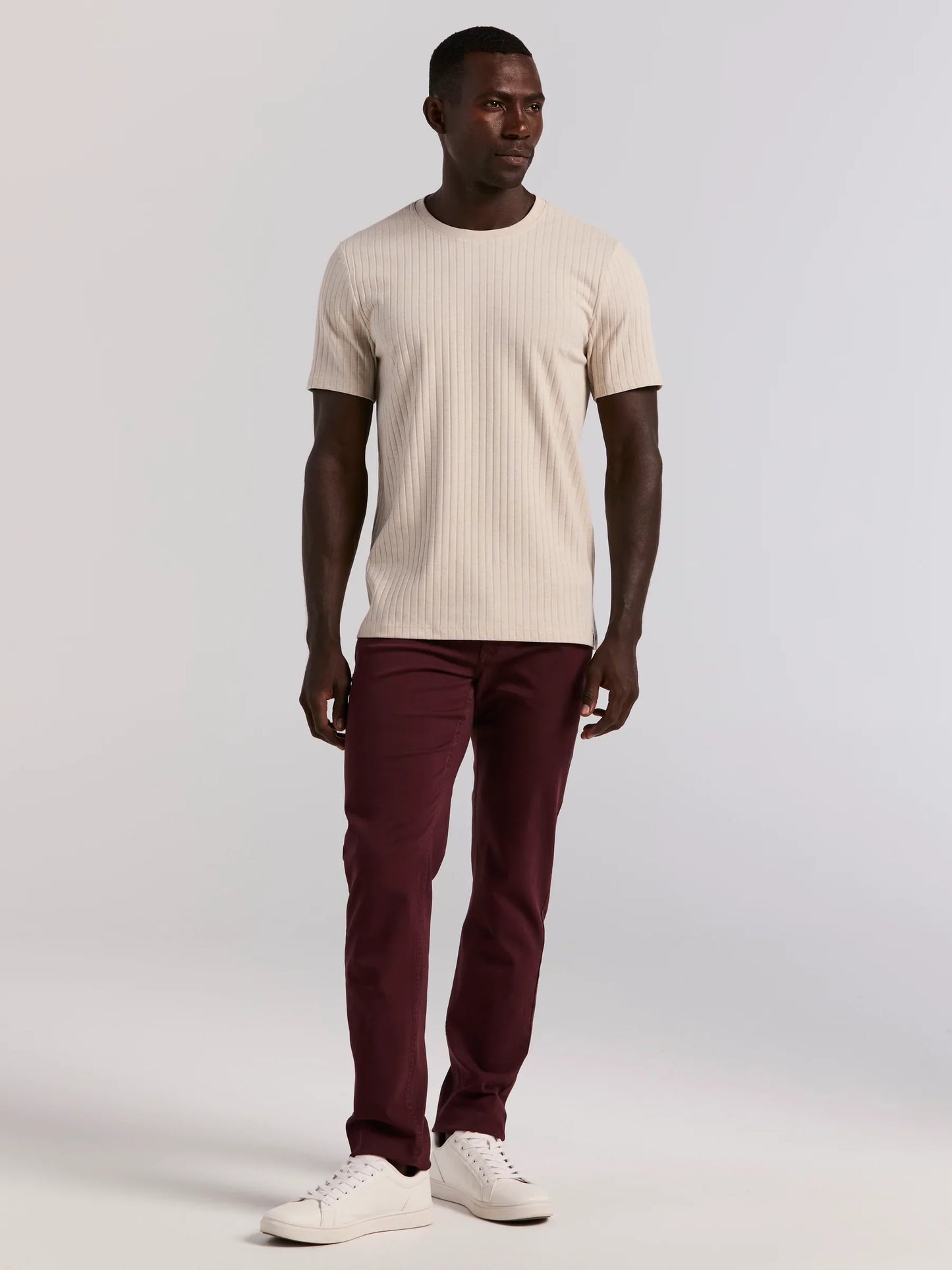 Ribbed Round Neck Blend T-Shirt - Beige