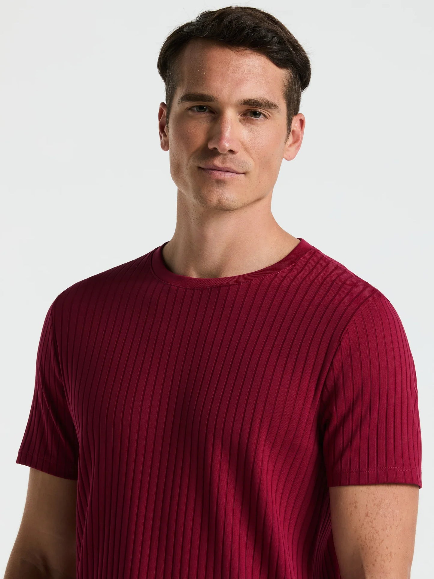 Round Neck Ribbed Blend T-Shirt - Marsala