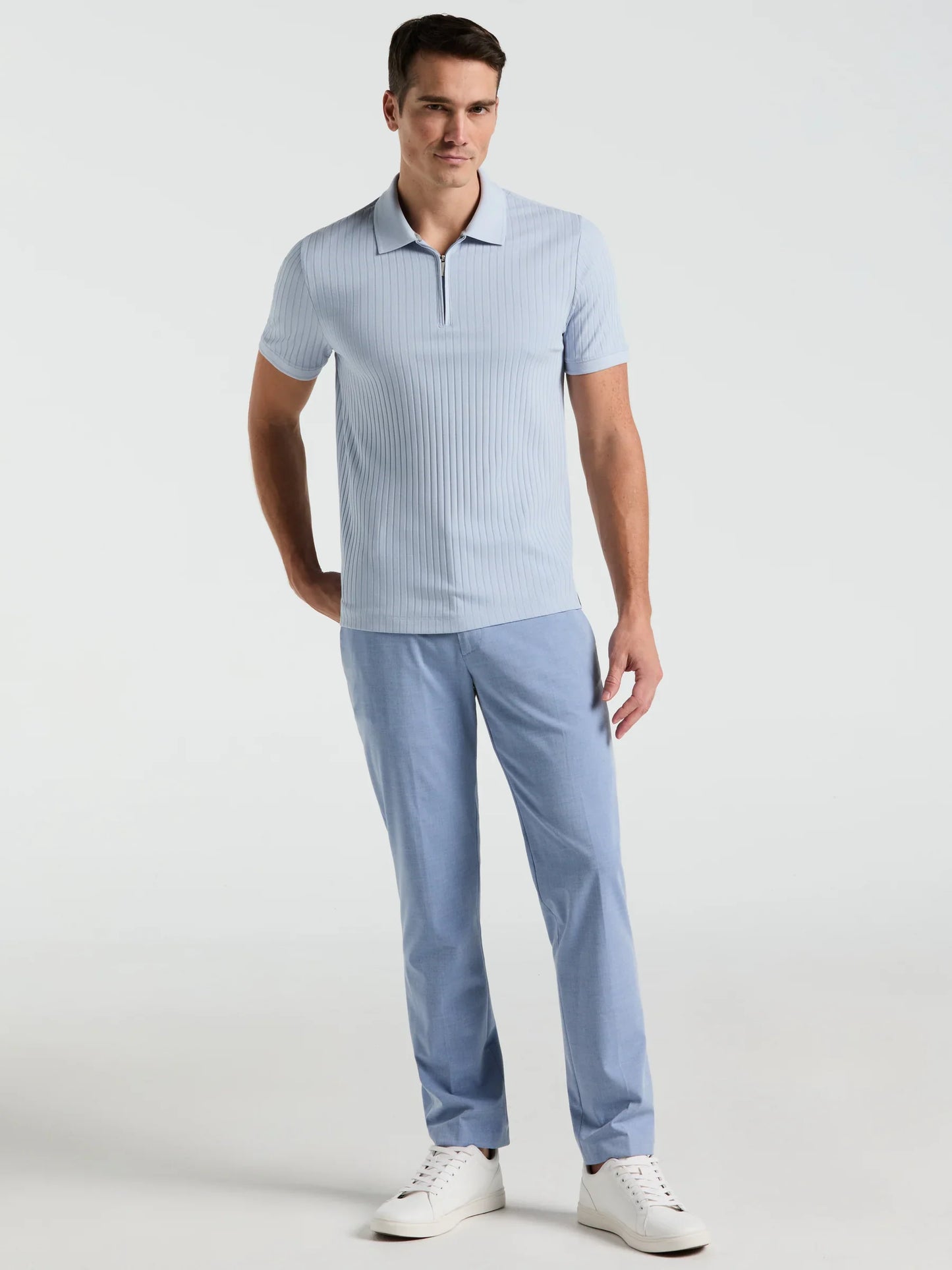 Ribbed Polo Collar Shirt with Zip Blend - Light Blue