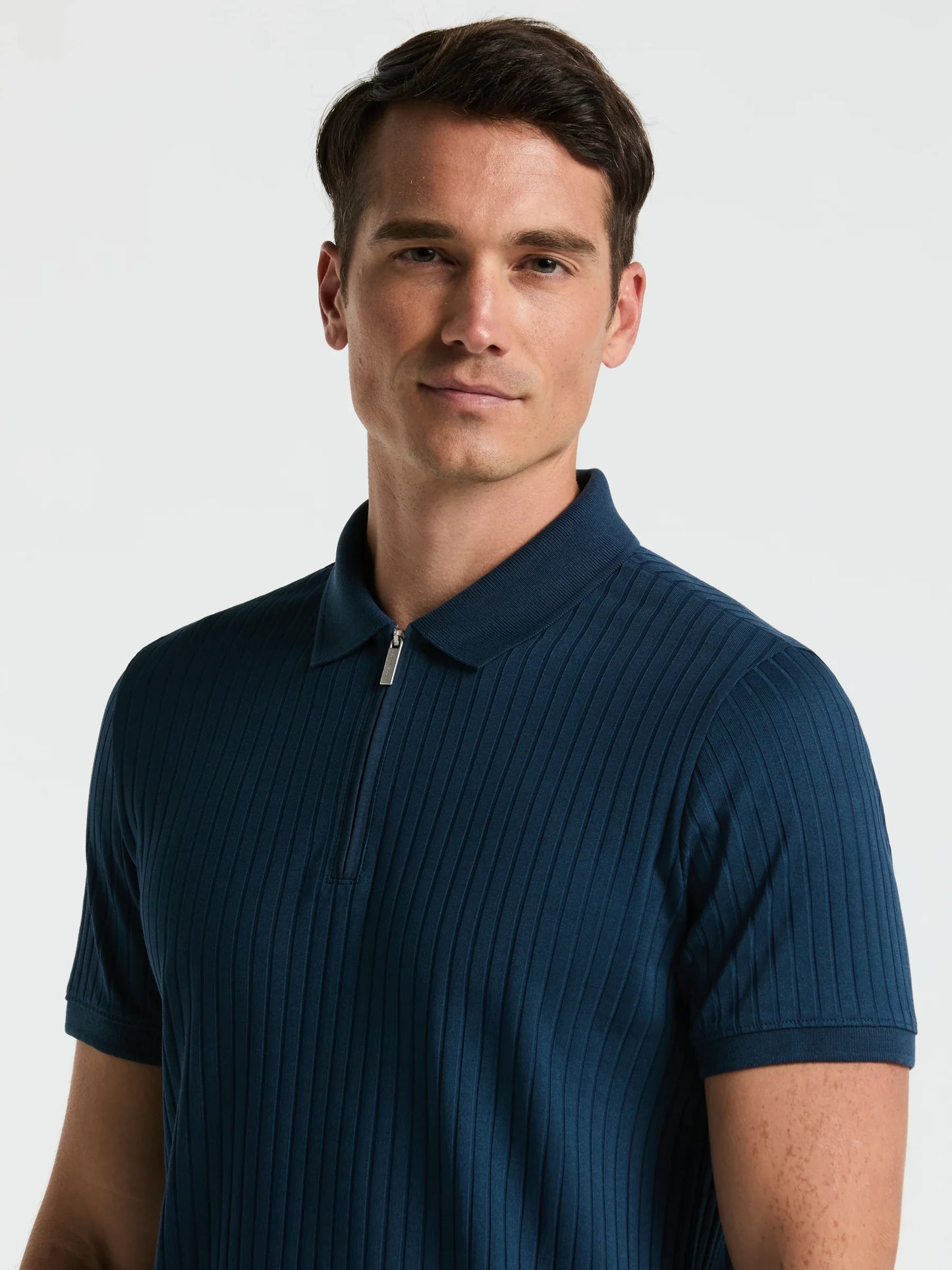 Ribbed Polo Collar Shirt with Zip Blend - Petrol Blue