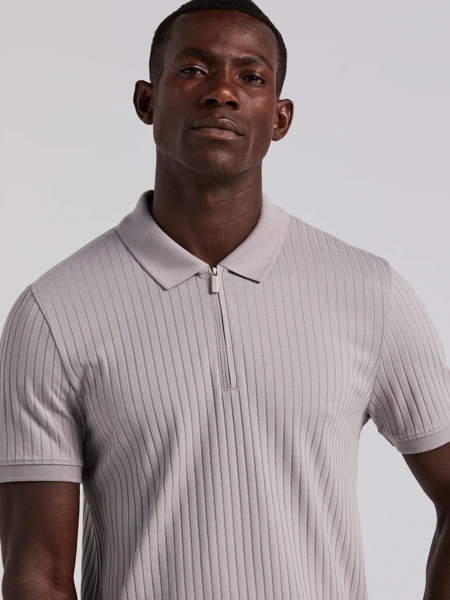 Ribbed Polo Collar Shirt with Zipper Blend - Grey