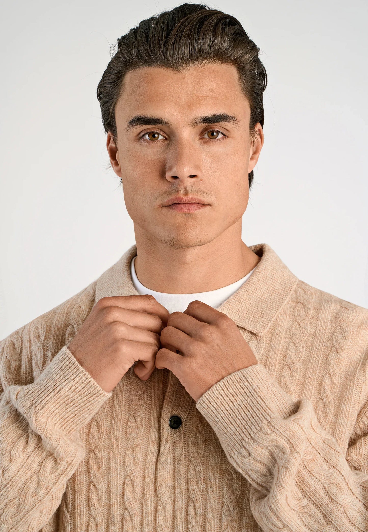 Men's Knitted Long Sleeve Polo Shirt - Beige