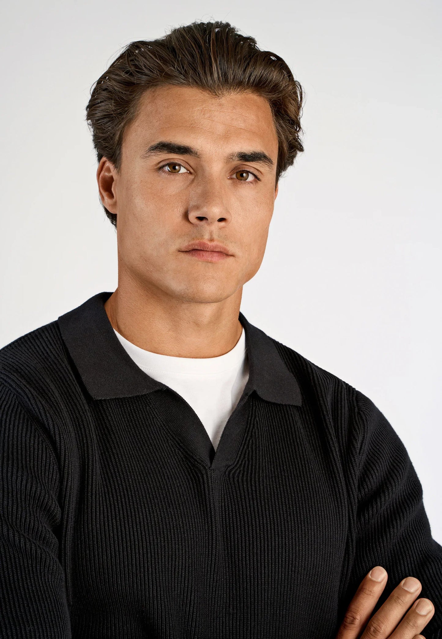 Men's Textured Long Sleeve Polo Shirt - Black