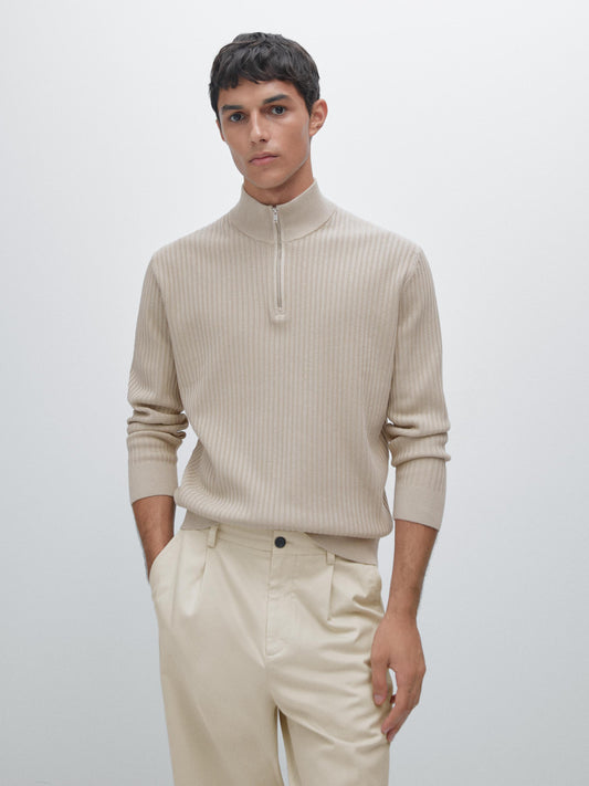 Knitted Jumper with Mock Neck - Beige
