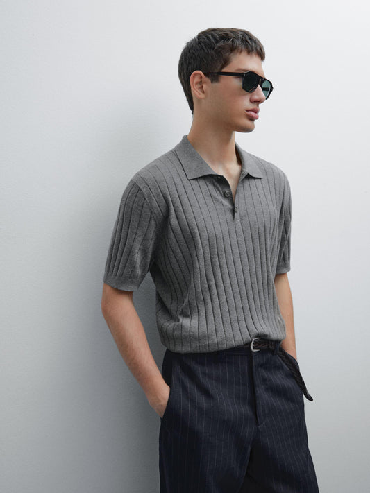 Ribbed Blend Polo Collar Shirt - Grey