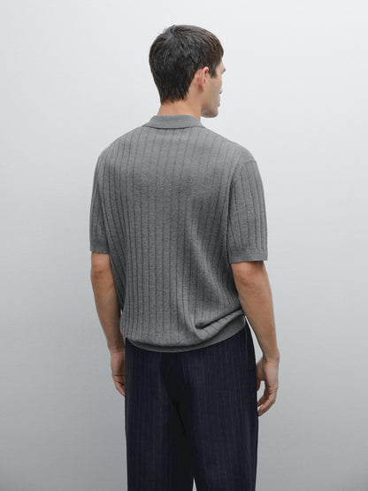 Ribbed Blend Polo Collar Shirt - Grey