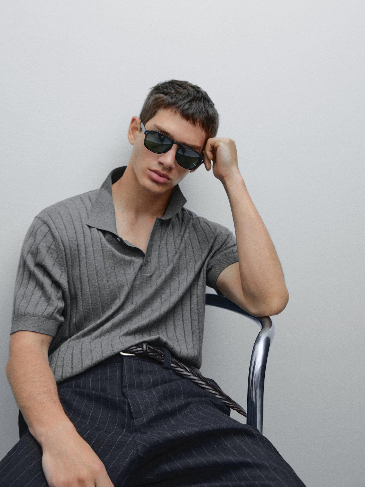 Ribbed Blend Polo Collar Shirt - Grey