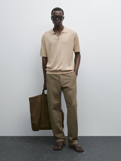 Ribbed Polo Collar Shirt Blend - Beige