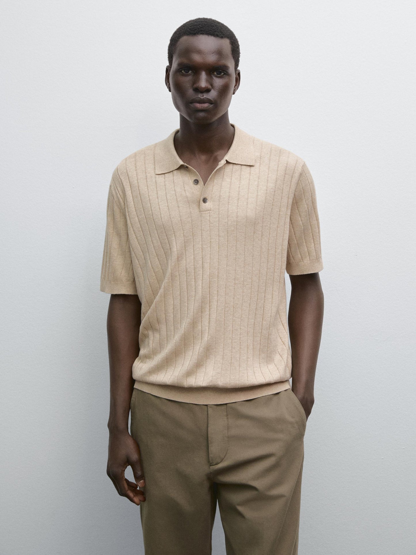 Ribbed Polo Collar Shirt Blend - Beige
