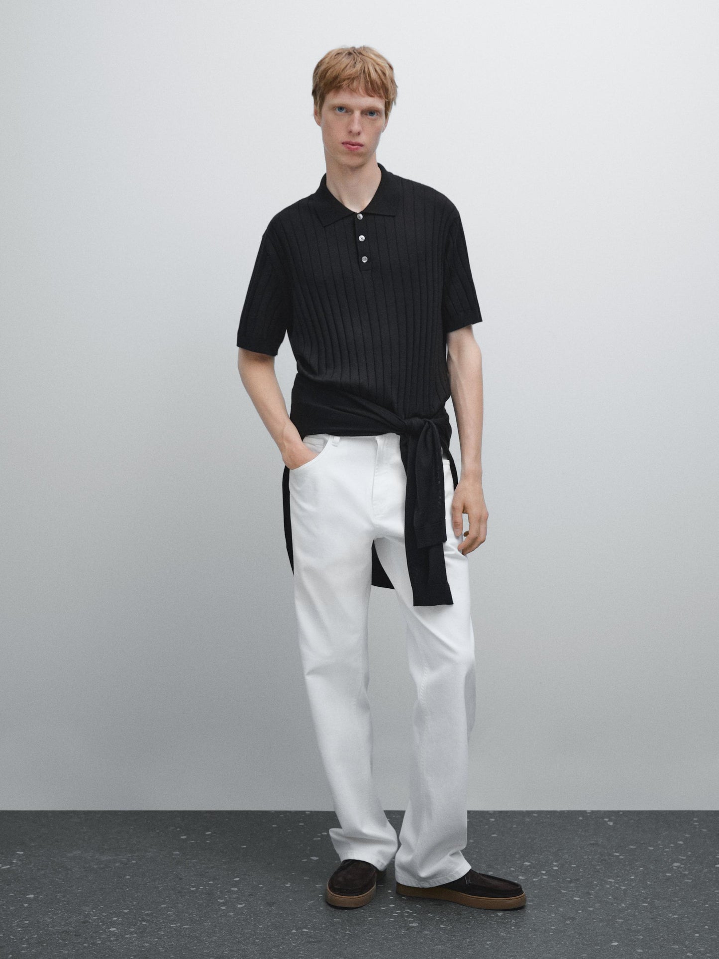Ribbed Polo Collar Shirt Blend - Black