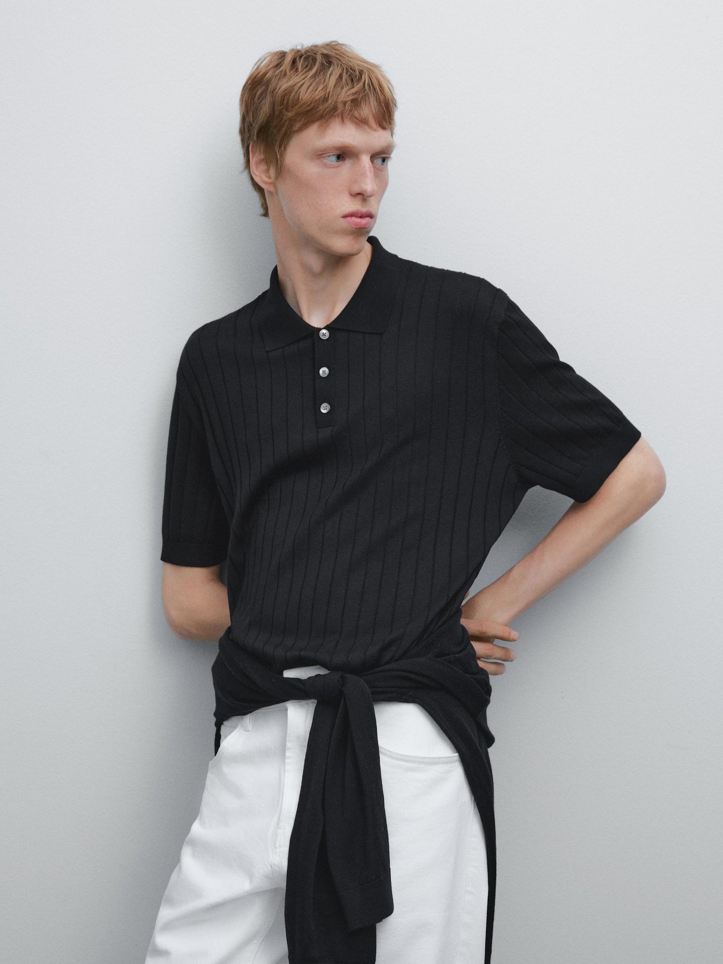 Ribbed Polo Collar Shirt Blend - Black