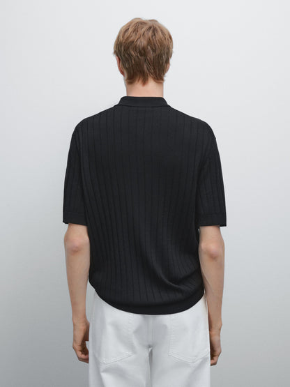 Ribbed Polo Collar Shirt Blend - Black