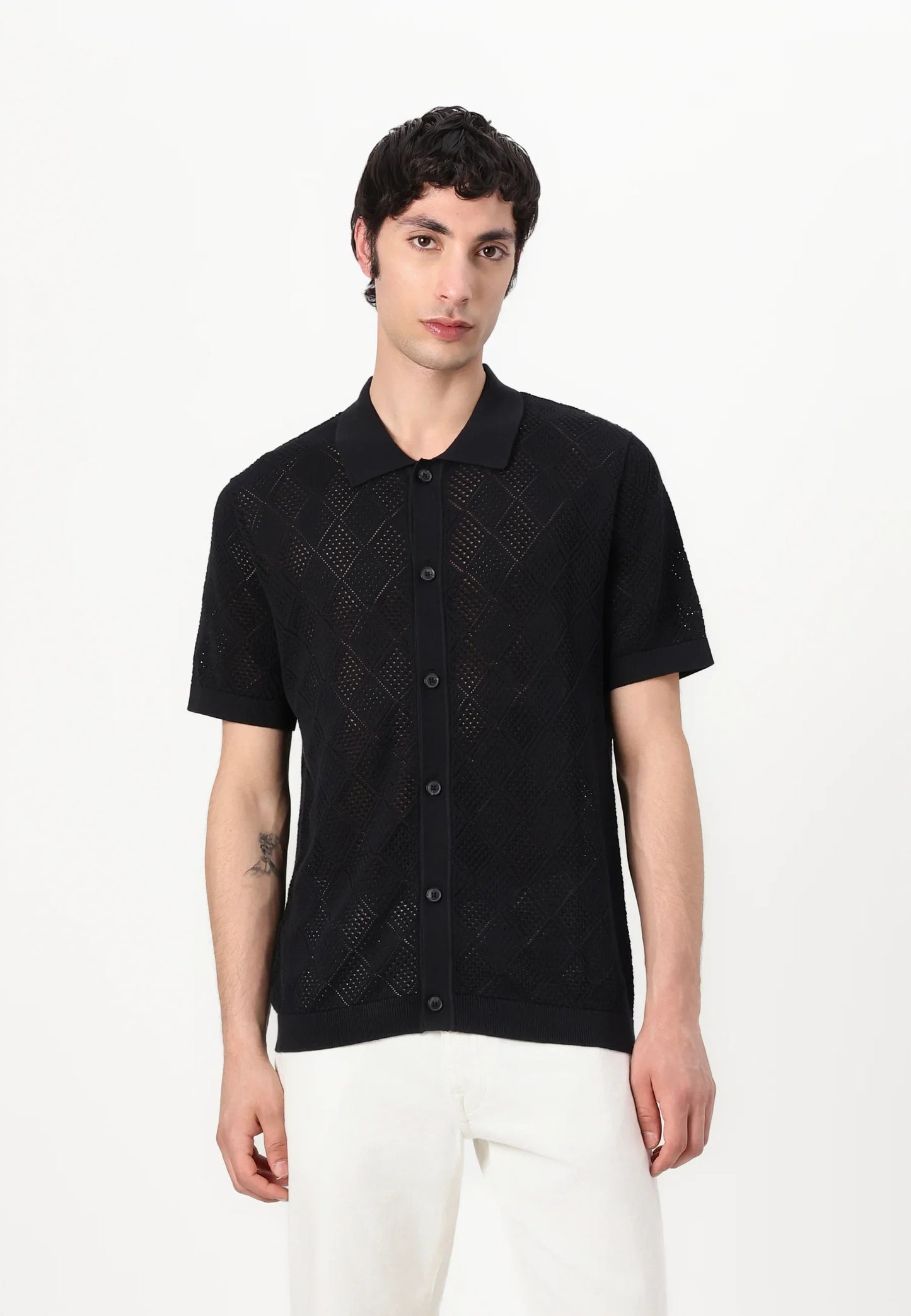 Polo Collar Shirt with Knitted Texture - Black