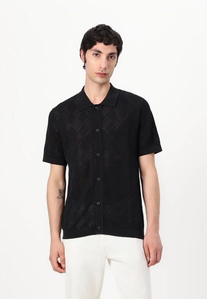 Polo Collar Shirt with Knitted Texture - Black