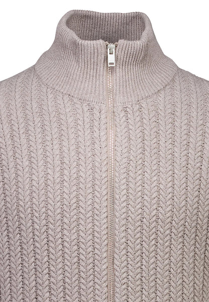 Textured Knit Cardigan with High Neck and Zip - Beige