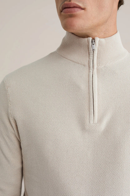 Men's Cotton Jumper with Troyer Collar and Zip - Off White