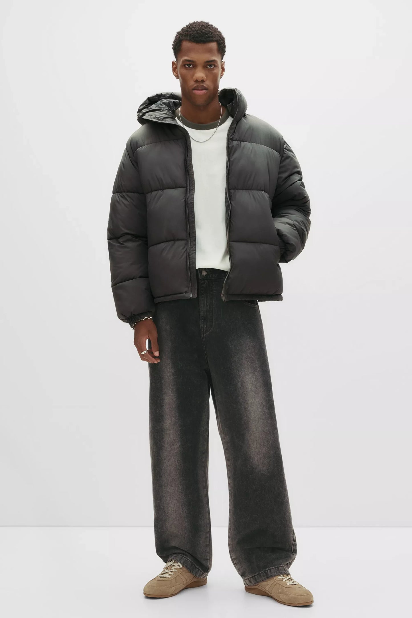 Puffer Blend Jacket with Hood - Dark Grey