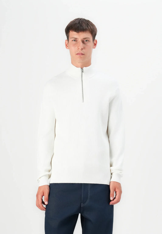Textured Comfort Jumper with High Neck and Zip - White