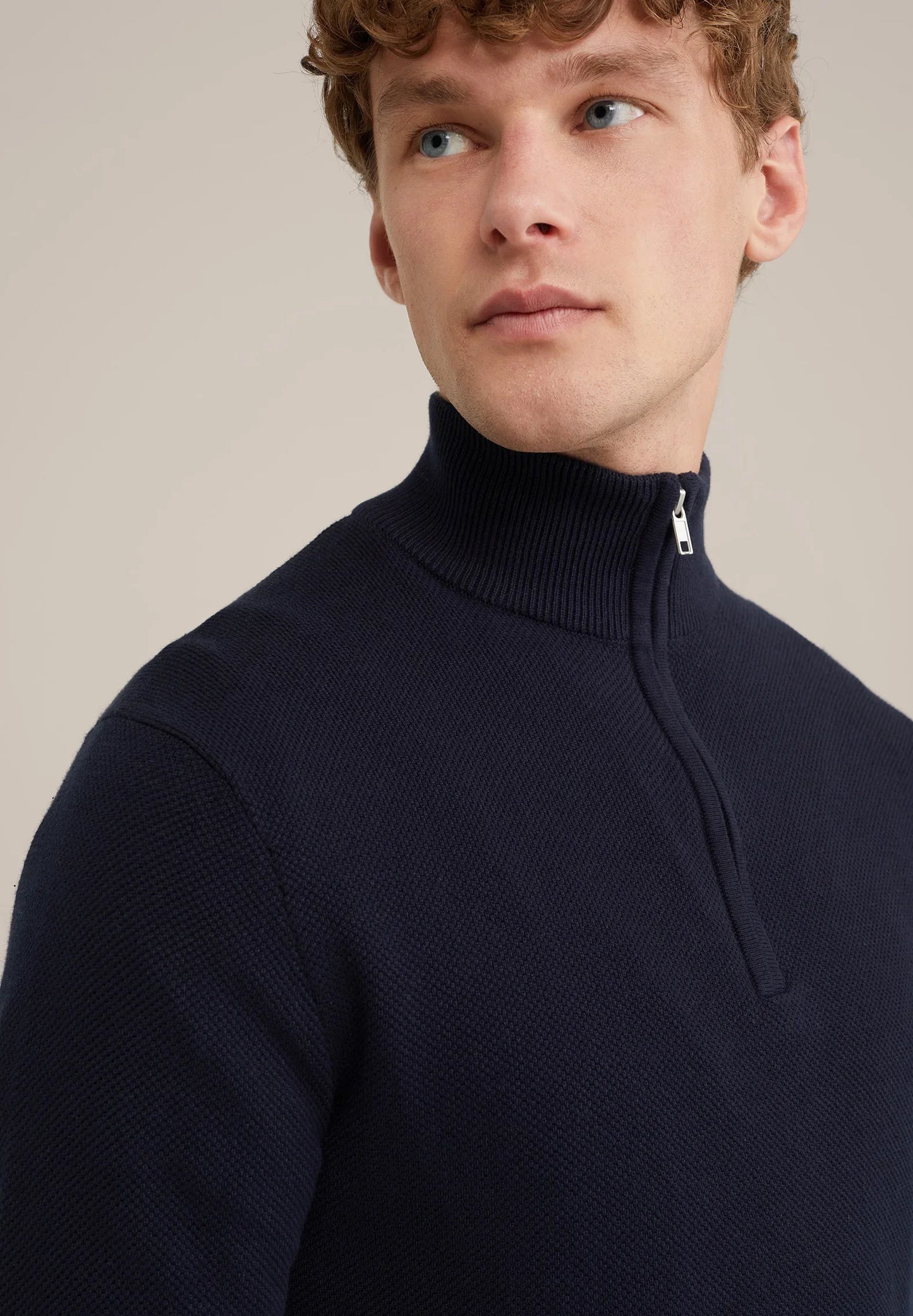 Men's Cotton Jumper with Troyer Neck and Zip - Navy Blue