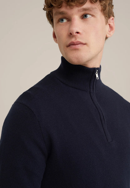 Men's Cotton Jumper with Troyer Neck and Zip - Navy Blue