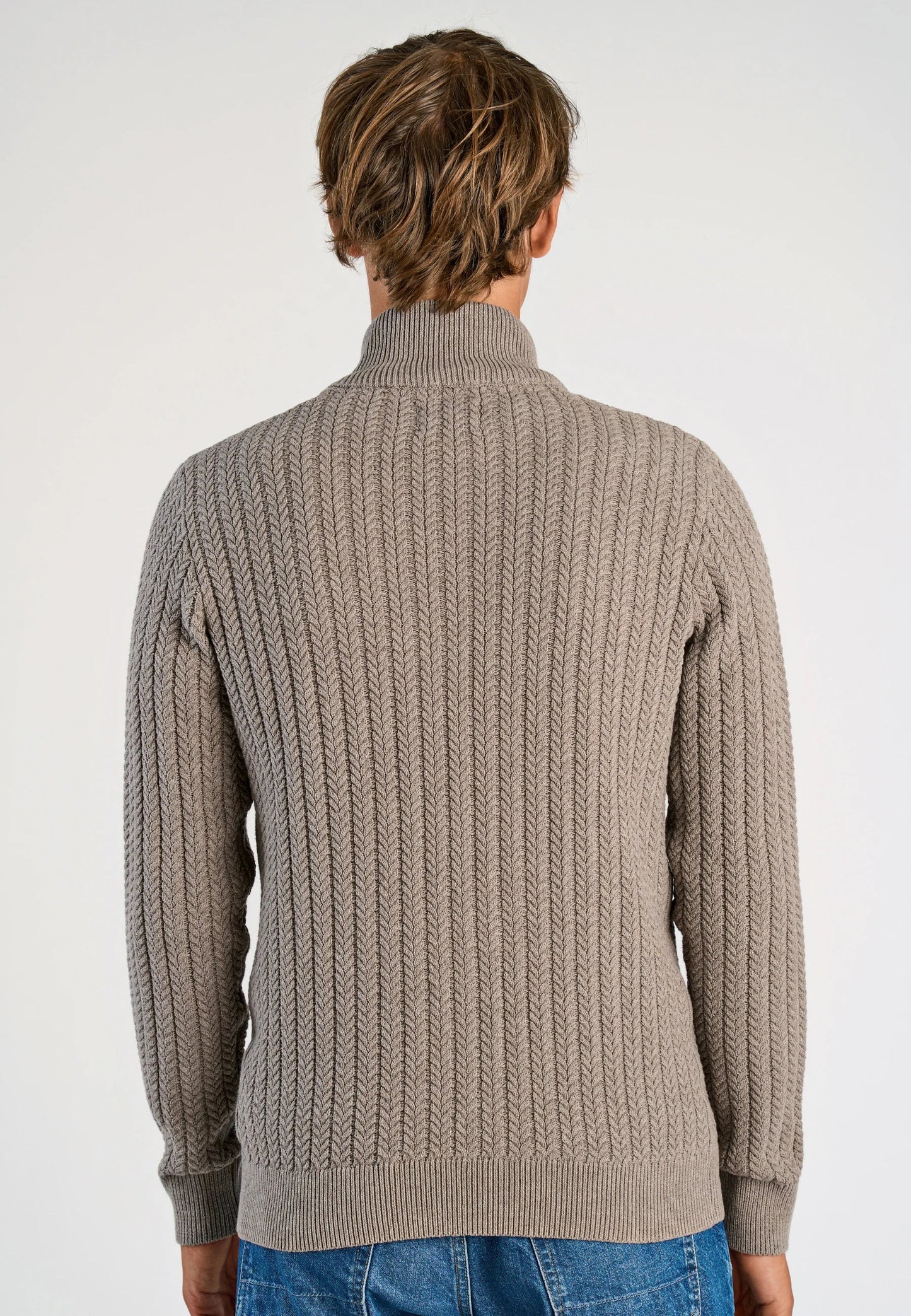 Textured Knit Cardigan with High Neck and Zip - Beige