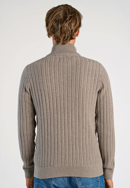 Textured Knit Cardigan with High Neck and Zip - Beige