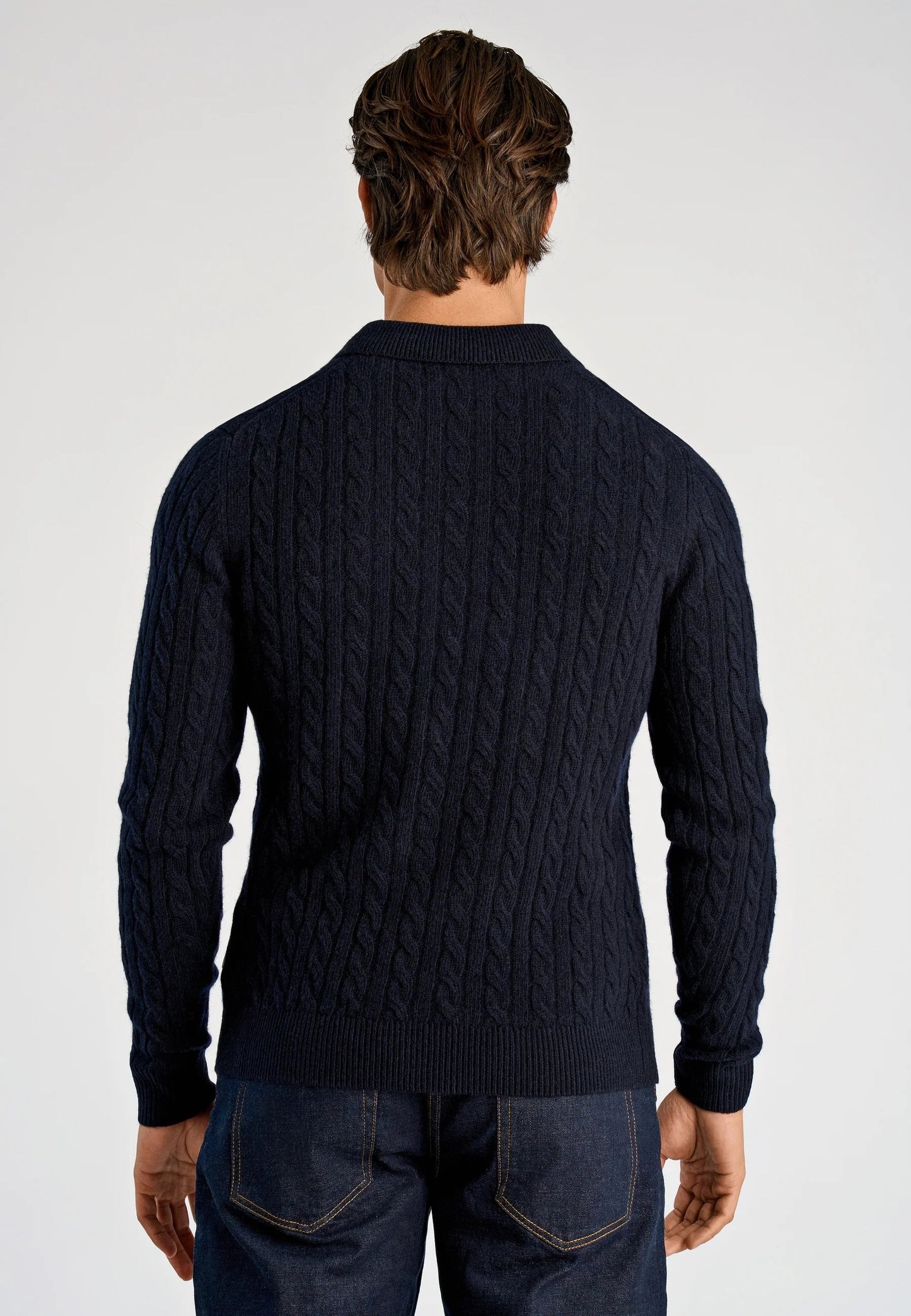 Men's Long Sleeve Knitted Polo Shirt - Navy Blue