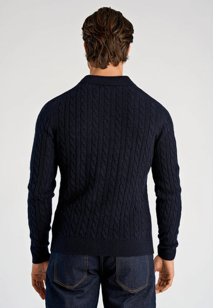 Men's Long Sleeve Knitted Polo Shirt - Navy Blue
