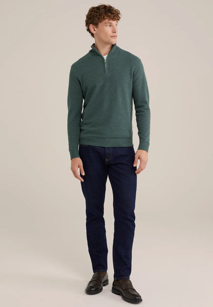 Men's Cotton Jumper with Troyer Collar and Zipper - Green