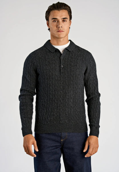 Men's Long Sleeve Knitted Polo Shirt - Black