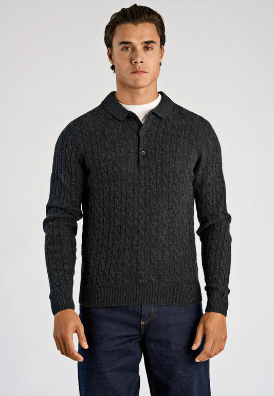 Men's Long Sleeve Knitted Polo Shirt - Black