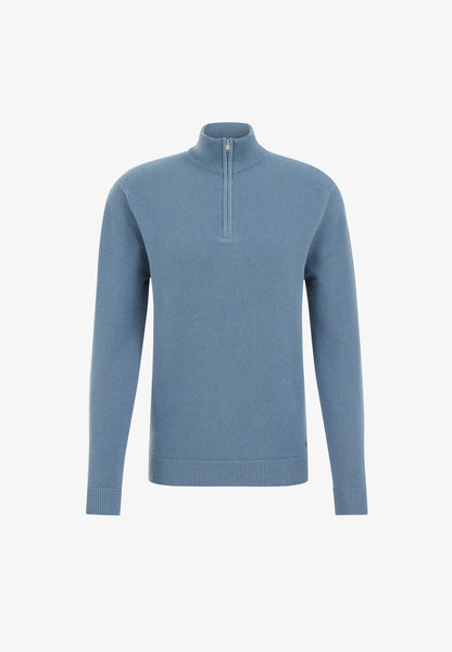 Men's Cotton Jumper with Troyer Collar and Zip - Light Blue