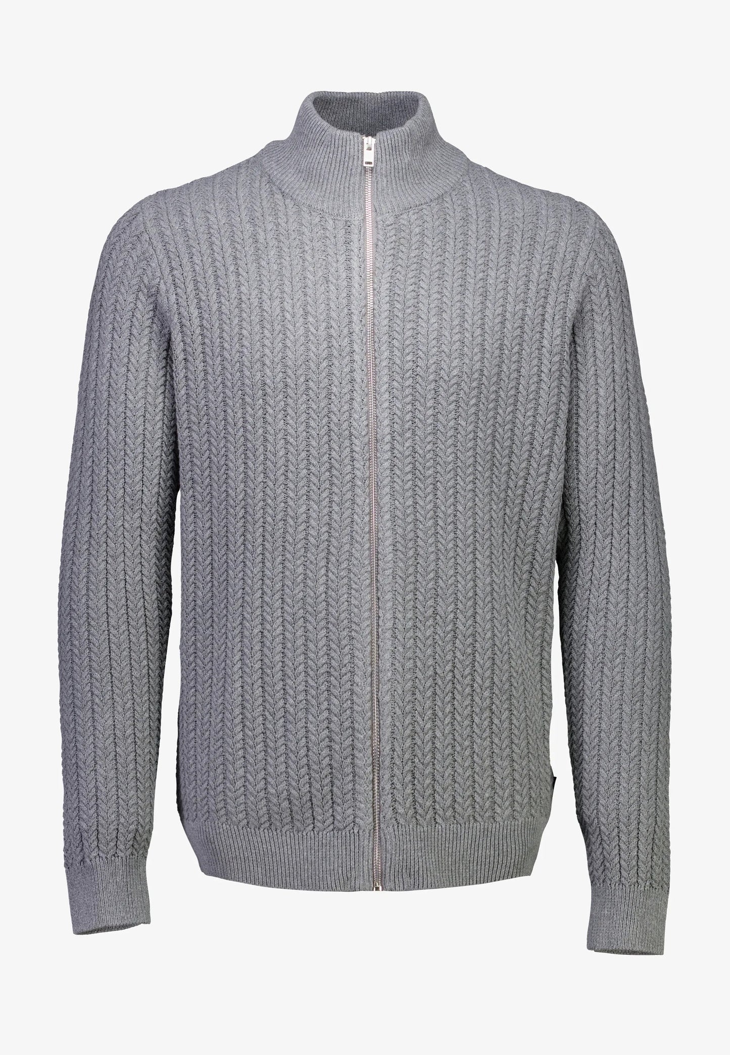 Textured Knit Cardigan with High Neck and Zipper - Grey
