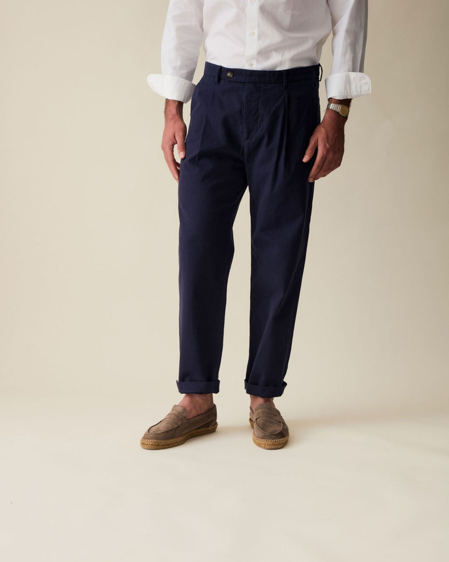 Straight Fit Linen Trousers - Navy Blue
