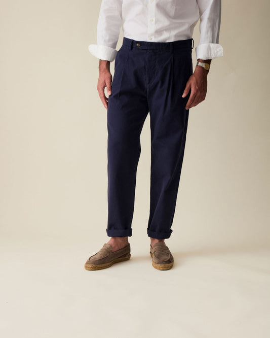 Straight Fit Linen Trousers - Navy Blue