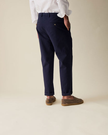 Straight Fit Linen Trousers - Navy Blue