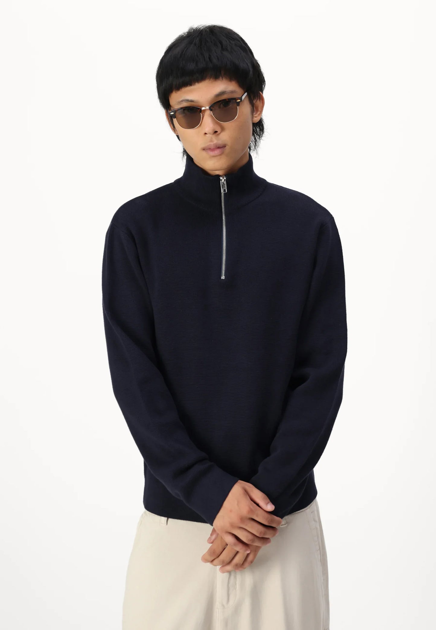 Textured Comfort Jumper with High Neck and Zipper - Navy Blue