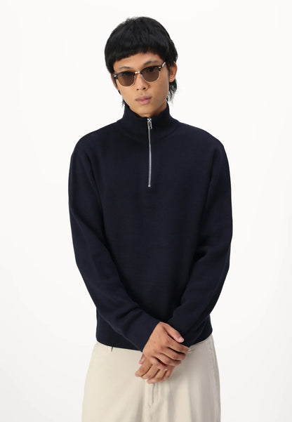 Textured Comfort Jumper with High Neck and Zipper - Navy Blue