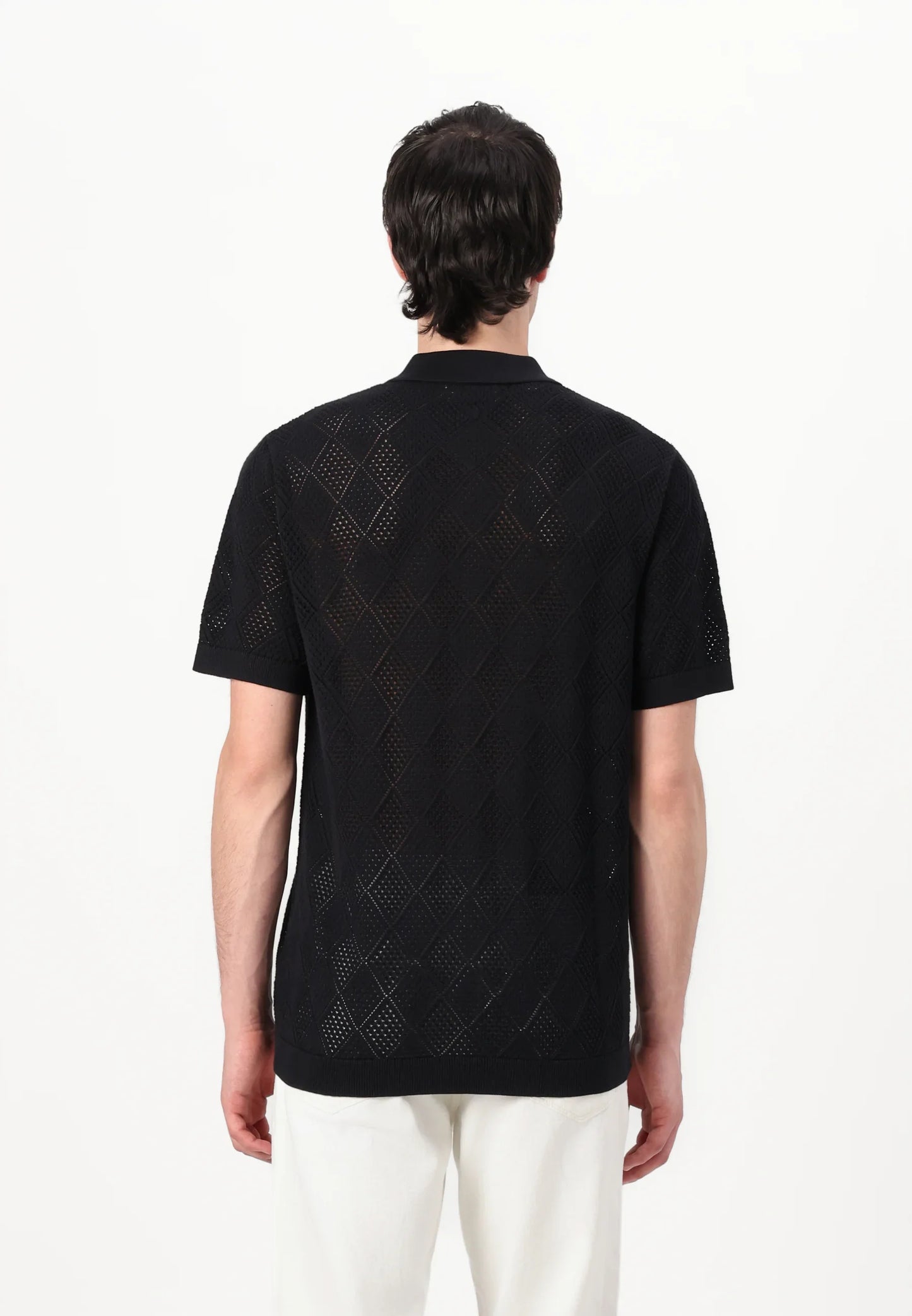 Polo Collar Shirt with Knitted Texture - Black