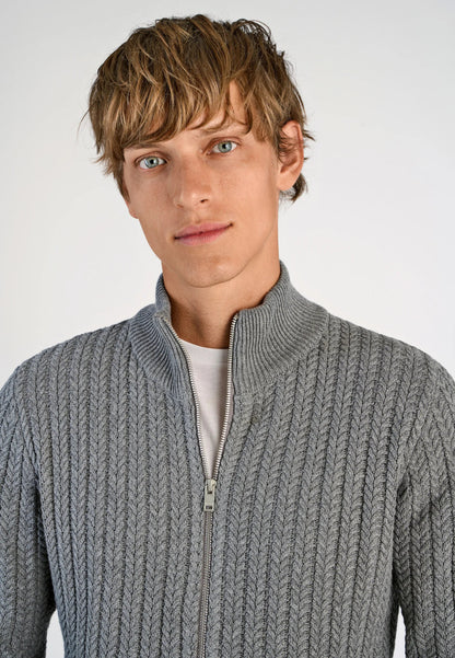 Textured Knit Cardigan with High Neck and Zipper - Grey