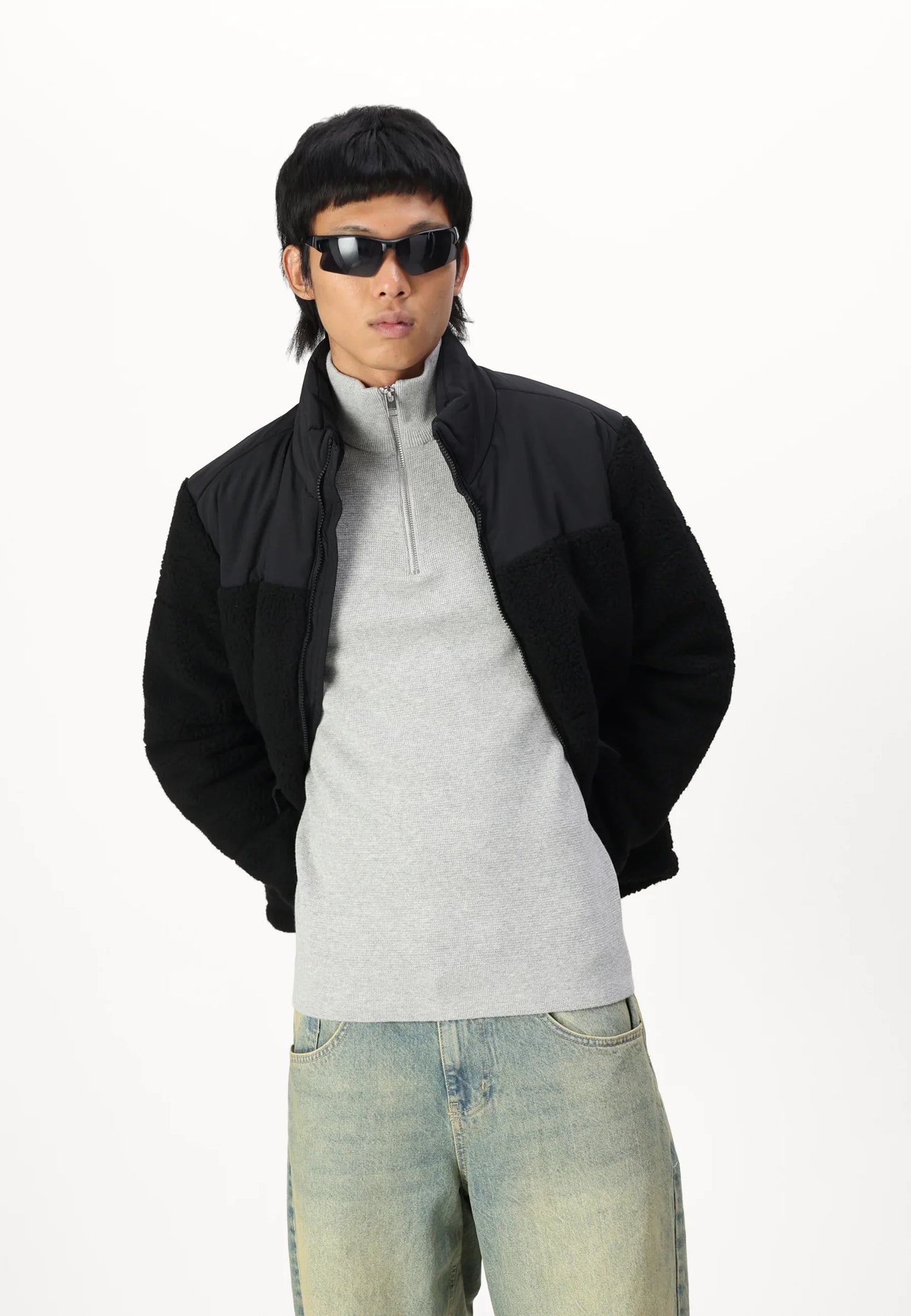 Textured Comfort Jumper with High Neck and Zip - Grey