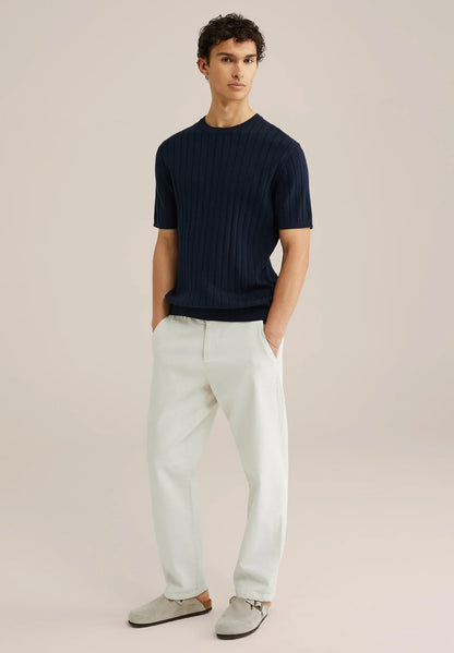 Striped Textured Cotton T-Shirt - Navy Blue