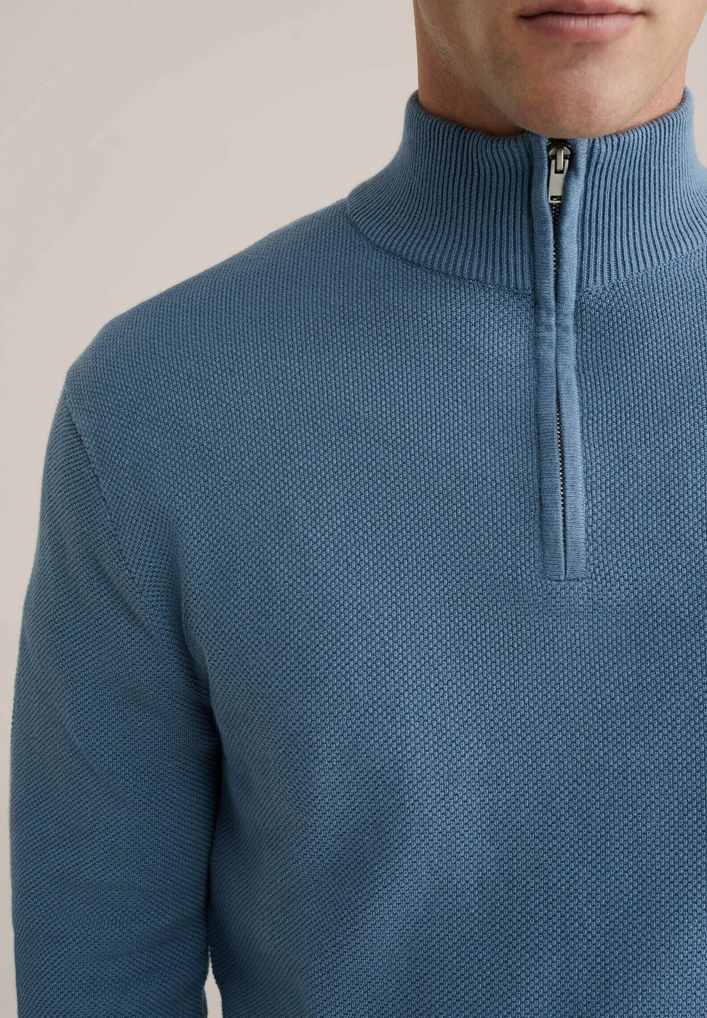 Men's Cotton Jumper with Troyer Collar and Zip - Light Blue