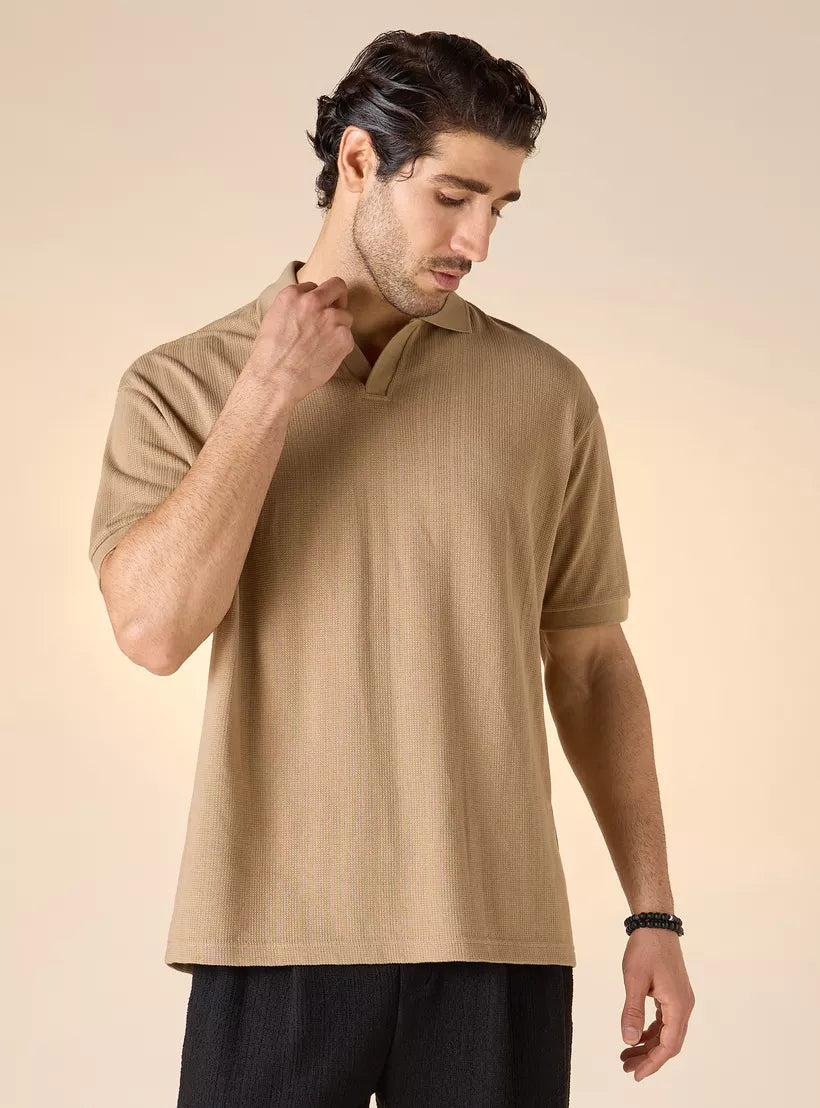 Textured Boxy Polo T-shirt - Caramel