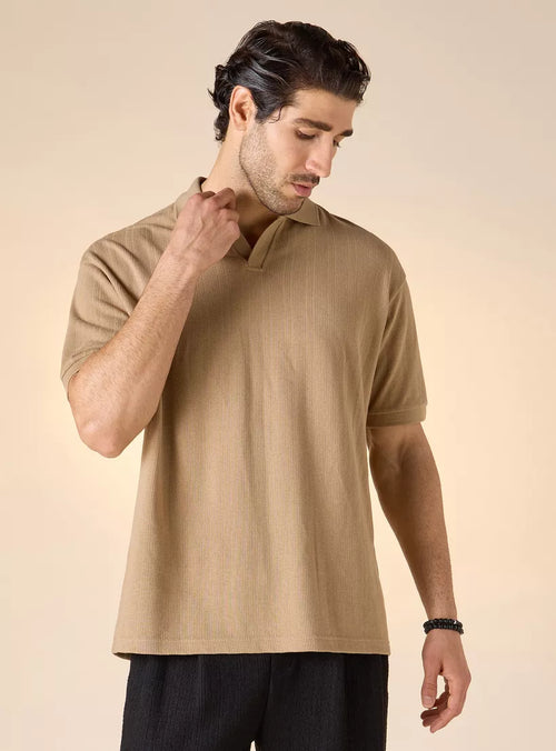 Textured Boxy Polo T-shirt - Caramel