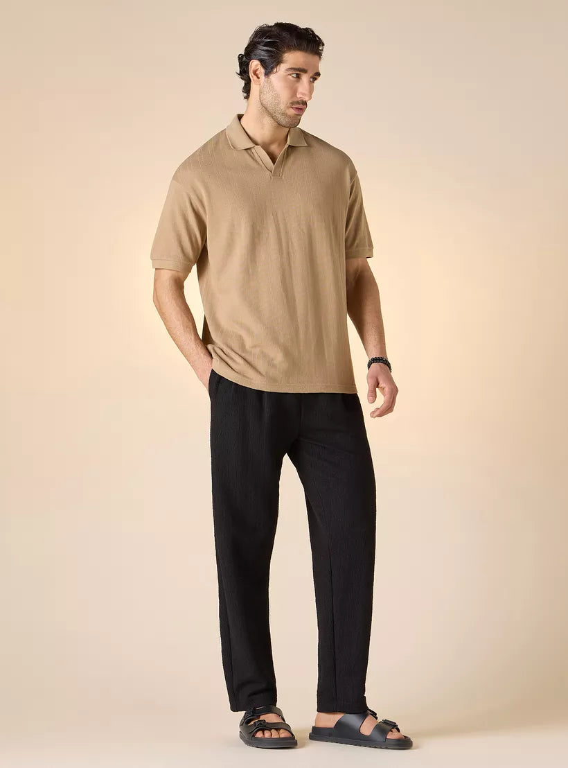Textured Boxy Polo T-shirt - Caramel