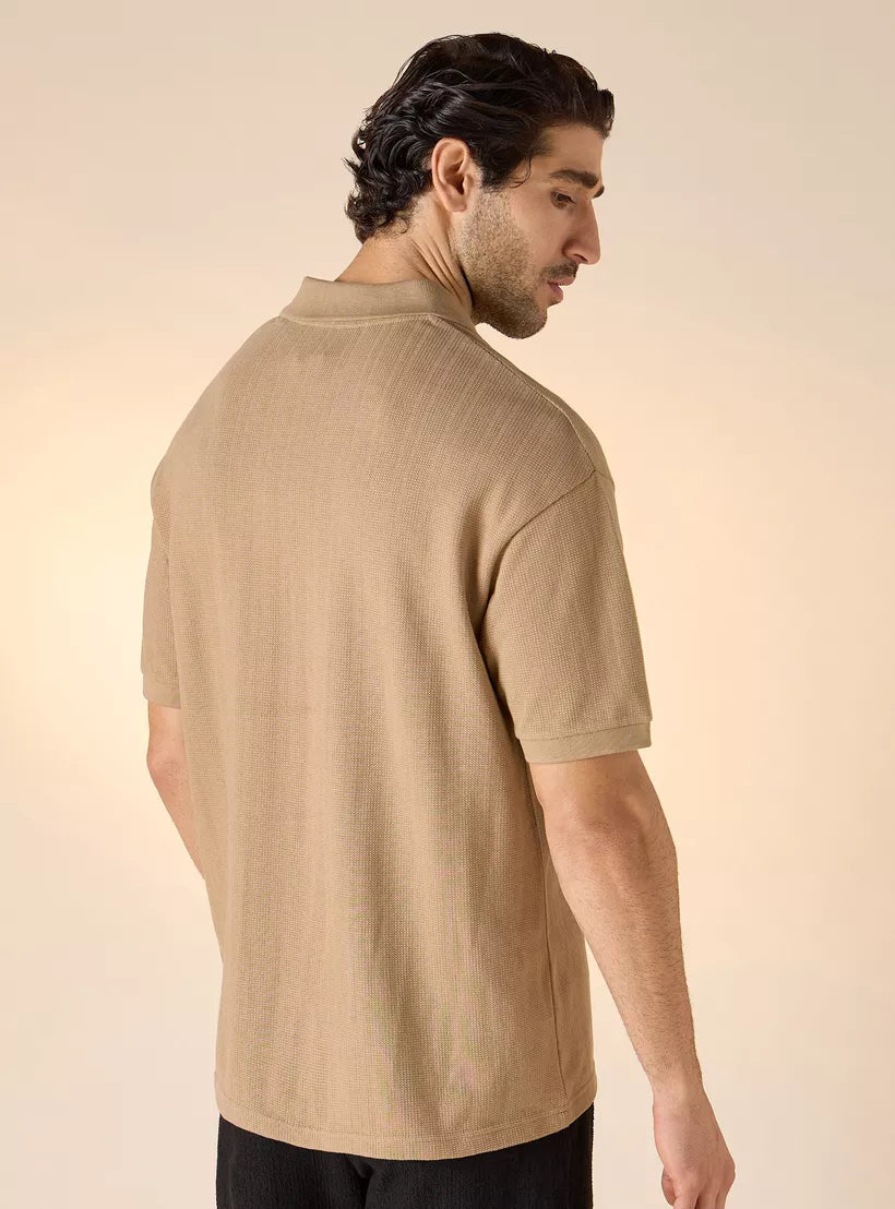 Textured Boxy Polo T-shirt - Caramel